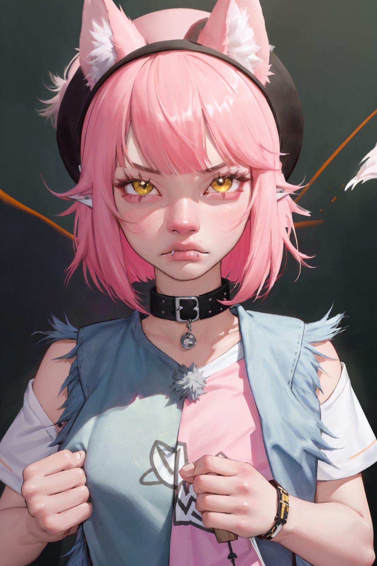 1girl, ((Whistling casually)) , ((Neon pink hair, short bob, straight hair)) , (((((wolf girl))), wolf ears, wolf tail, an...